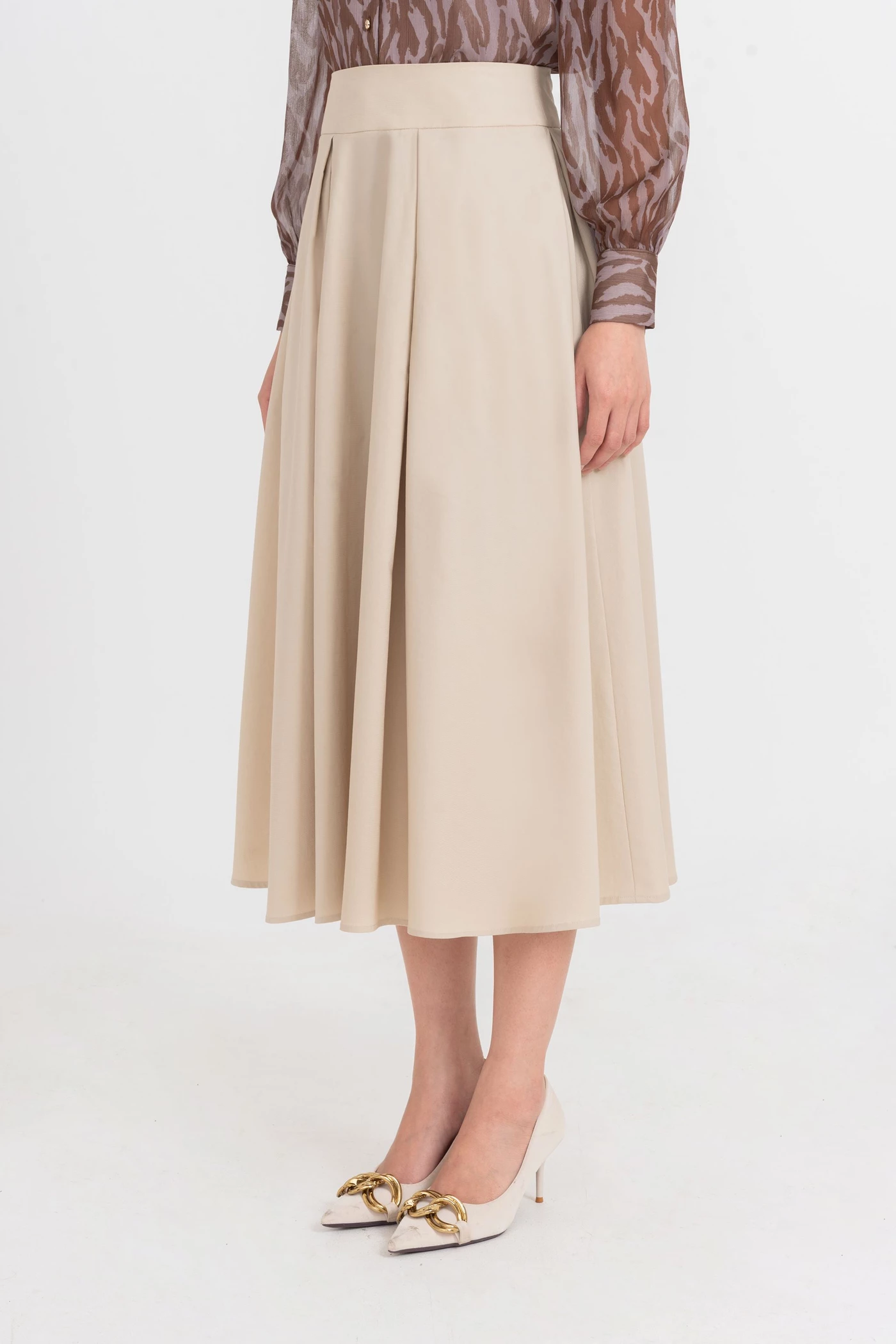 Chân váy xòe Khaki High-Waisted