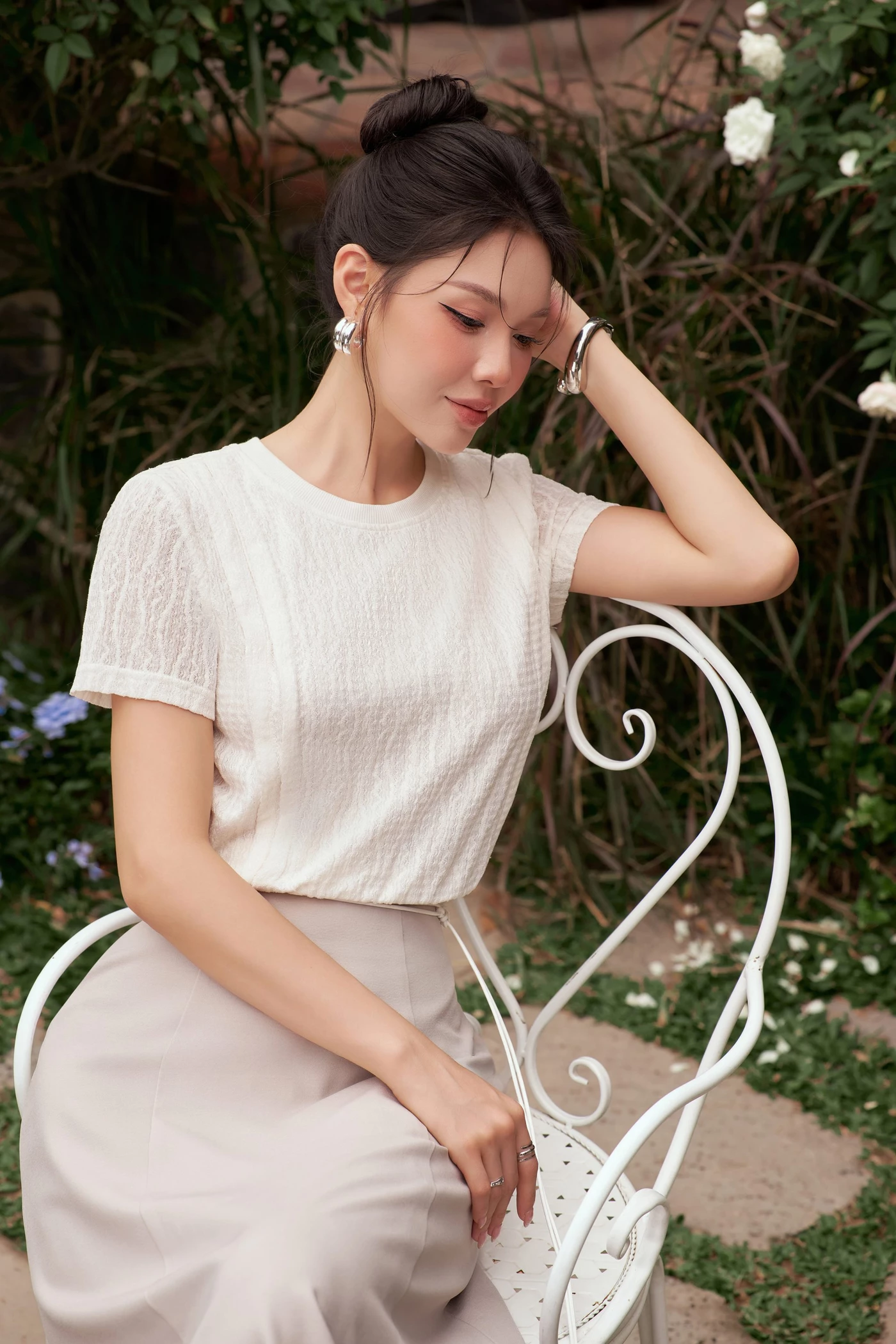 Áo thun dệt vân cổ tròn