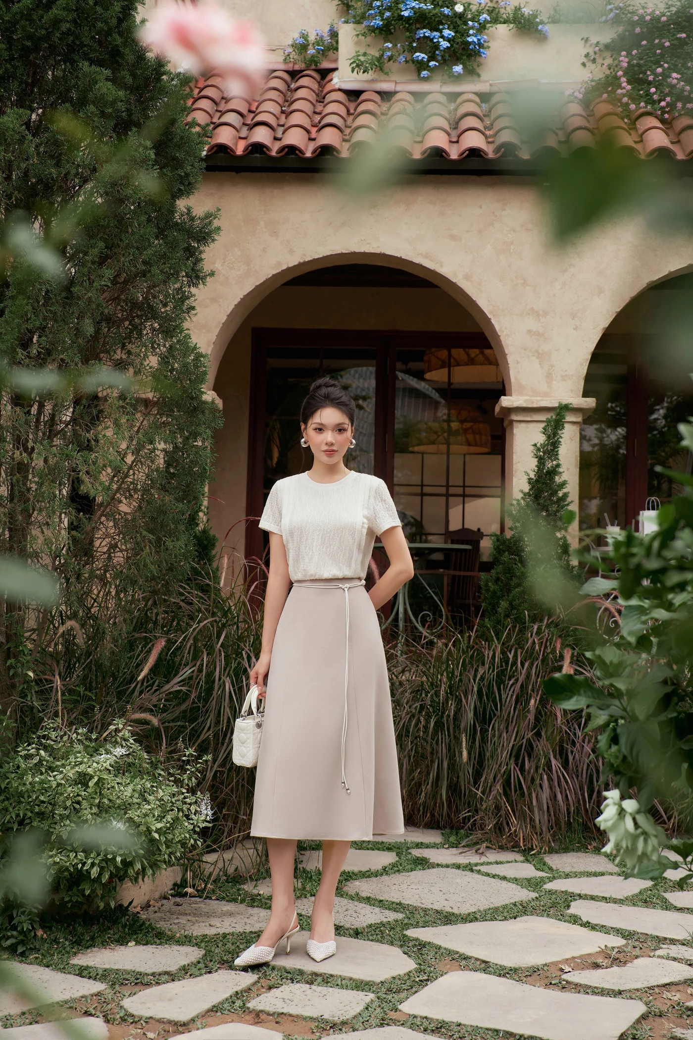 Áo thun dệt vân cổ tròn