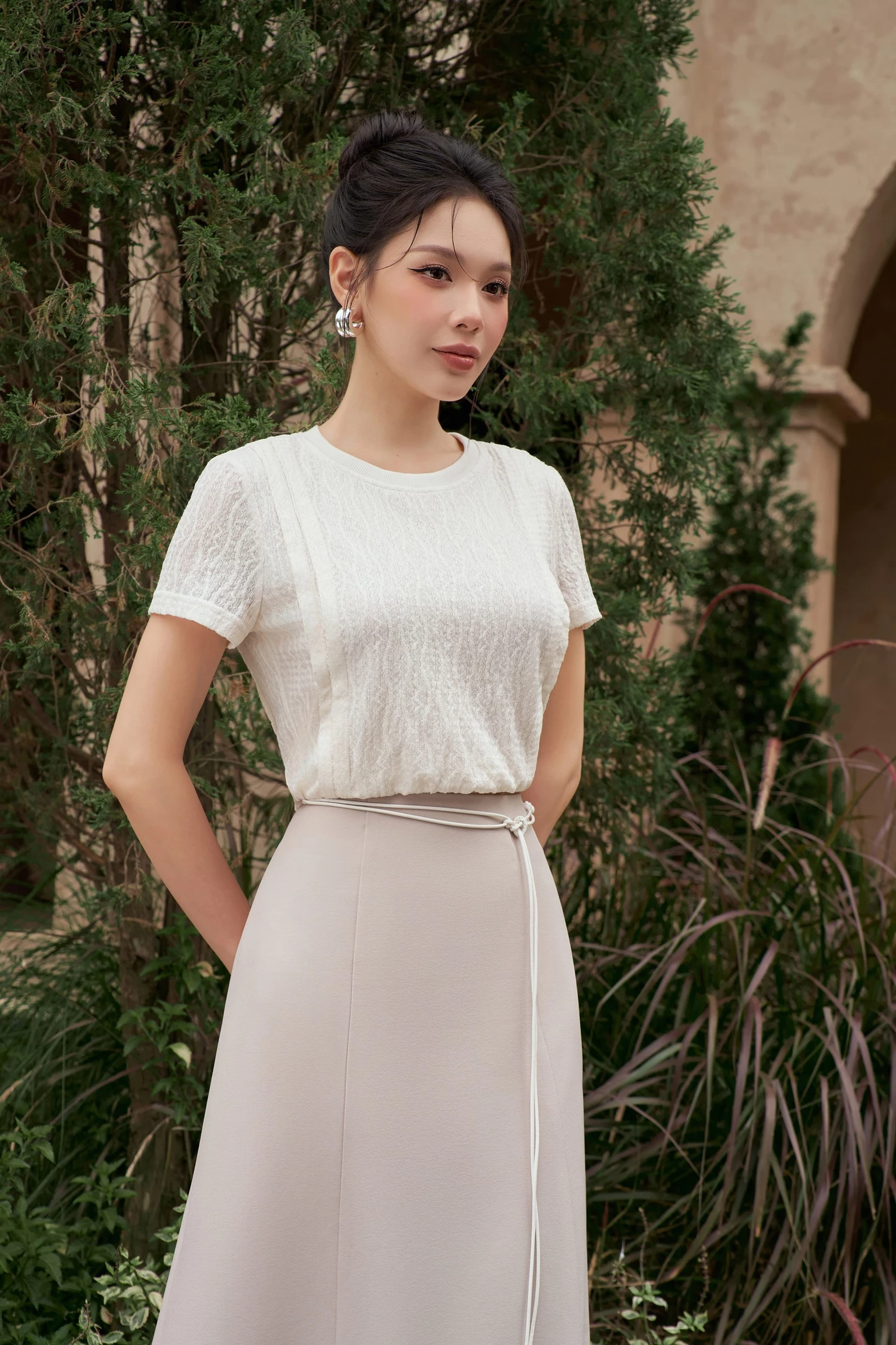 Áo thun dệt vân cổ tròn