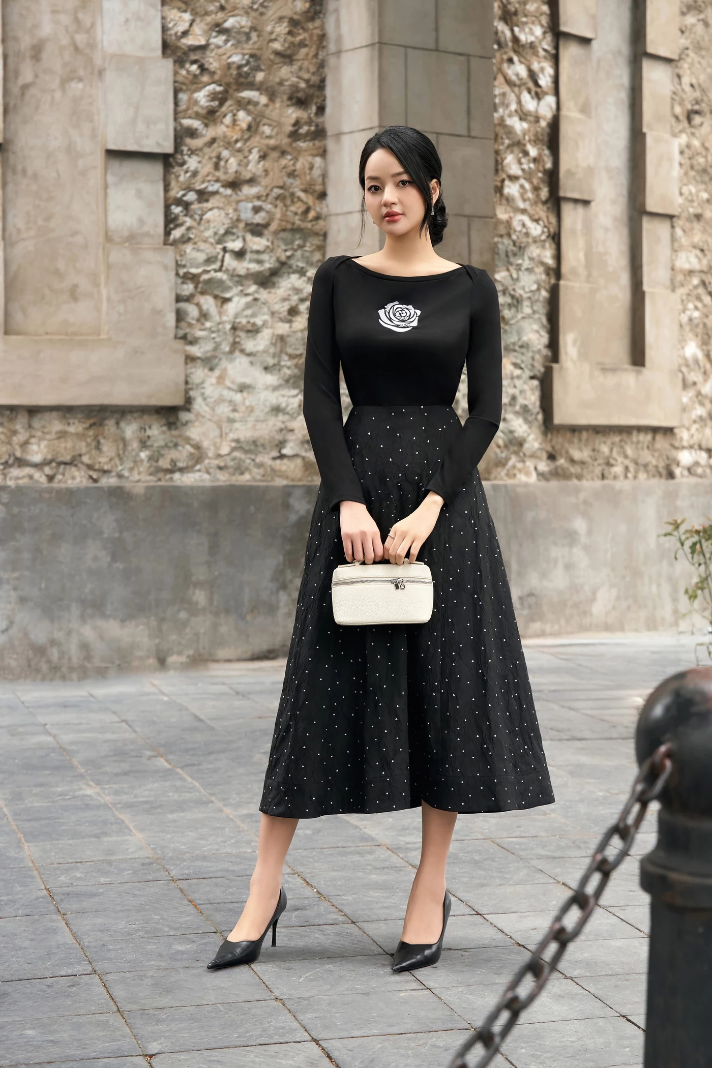 Chân váy xòe Jacquard chấm bi