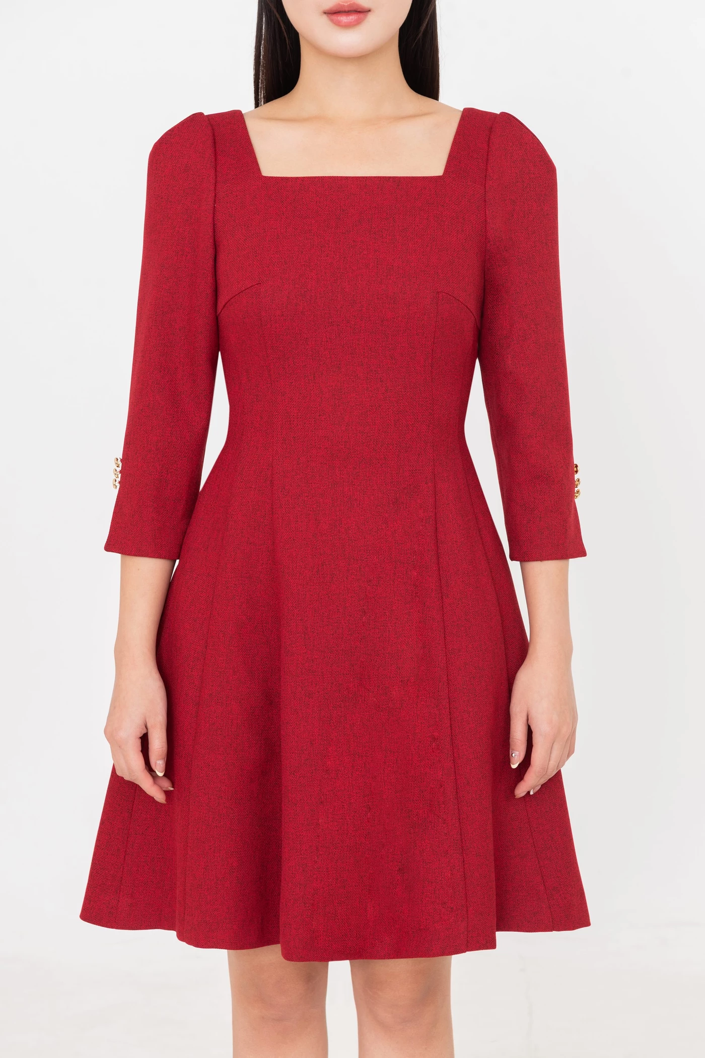 Đầm Tweed đỏ cổ vuông