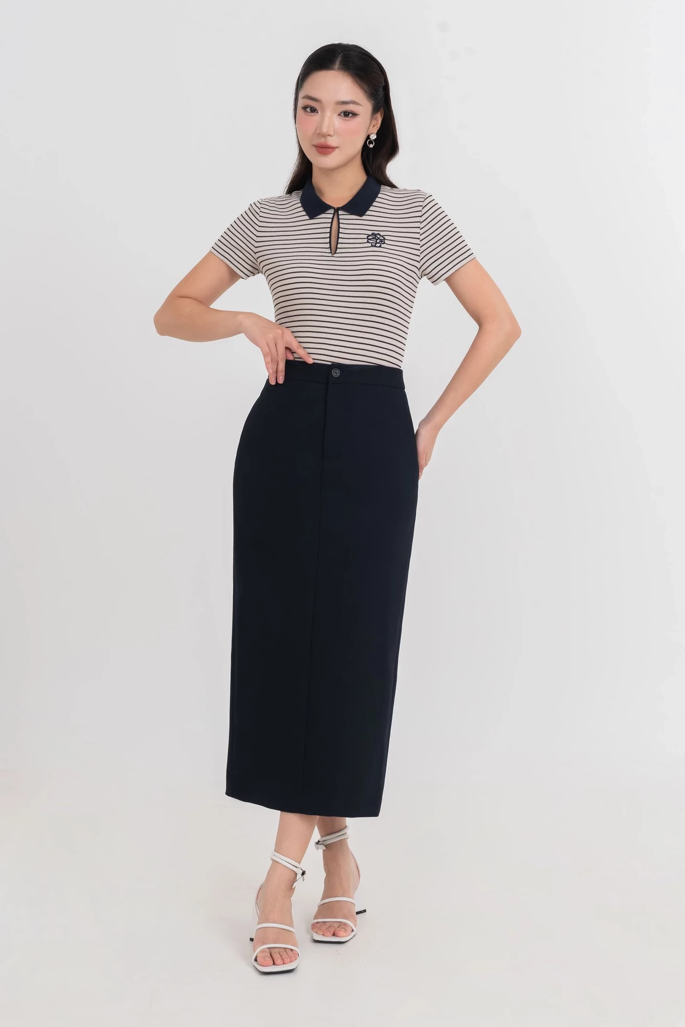 Áo Polo dệt kim Navy Stripe