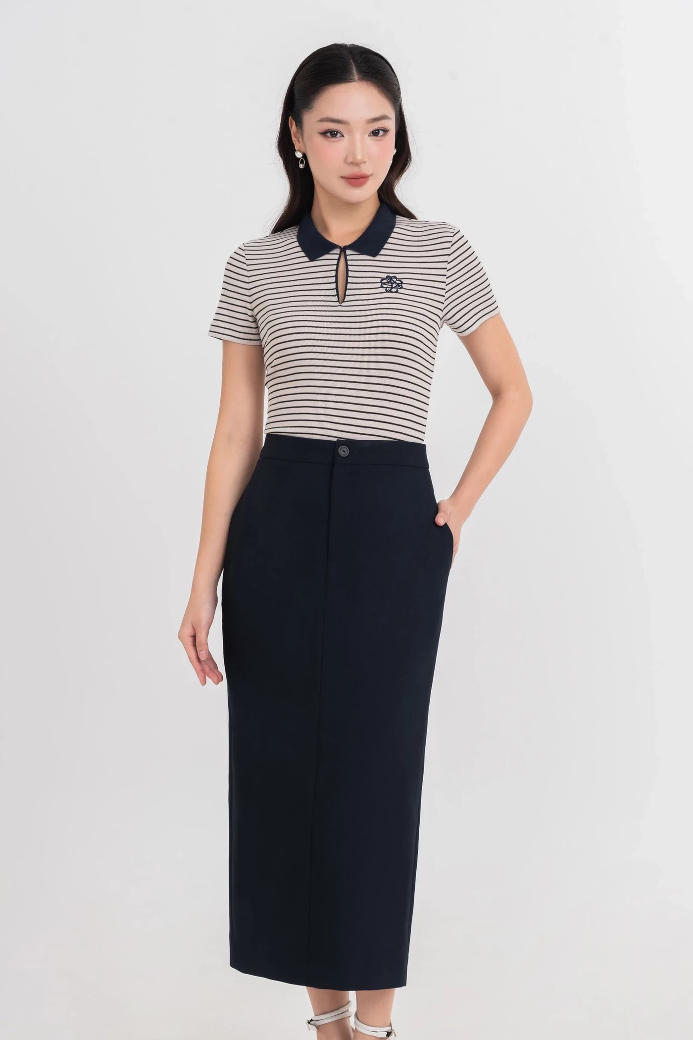 Áo Polo dệt kim Navy Stripe
