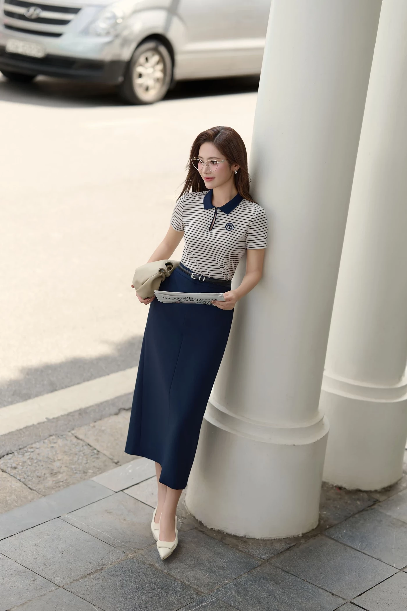 Áo Polo dệt kim Navy Stripe