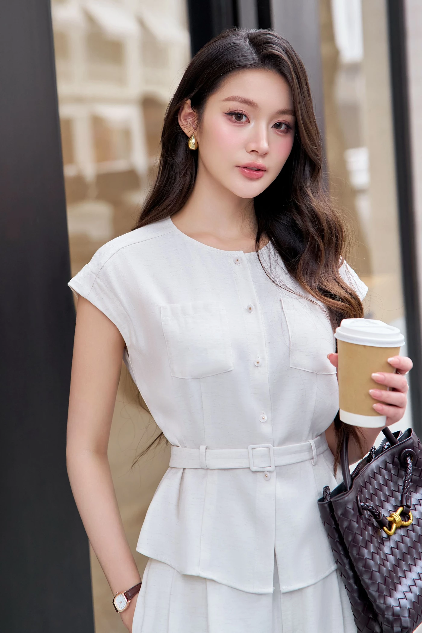 Áo sơ mi phối túi Beige