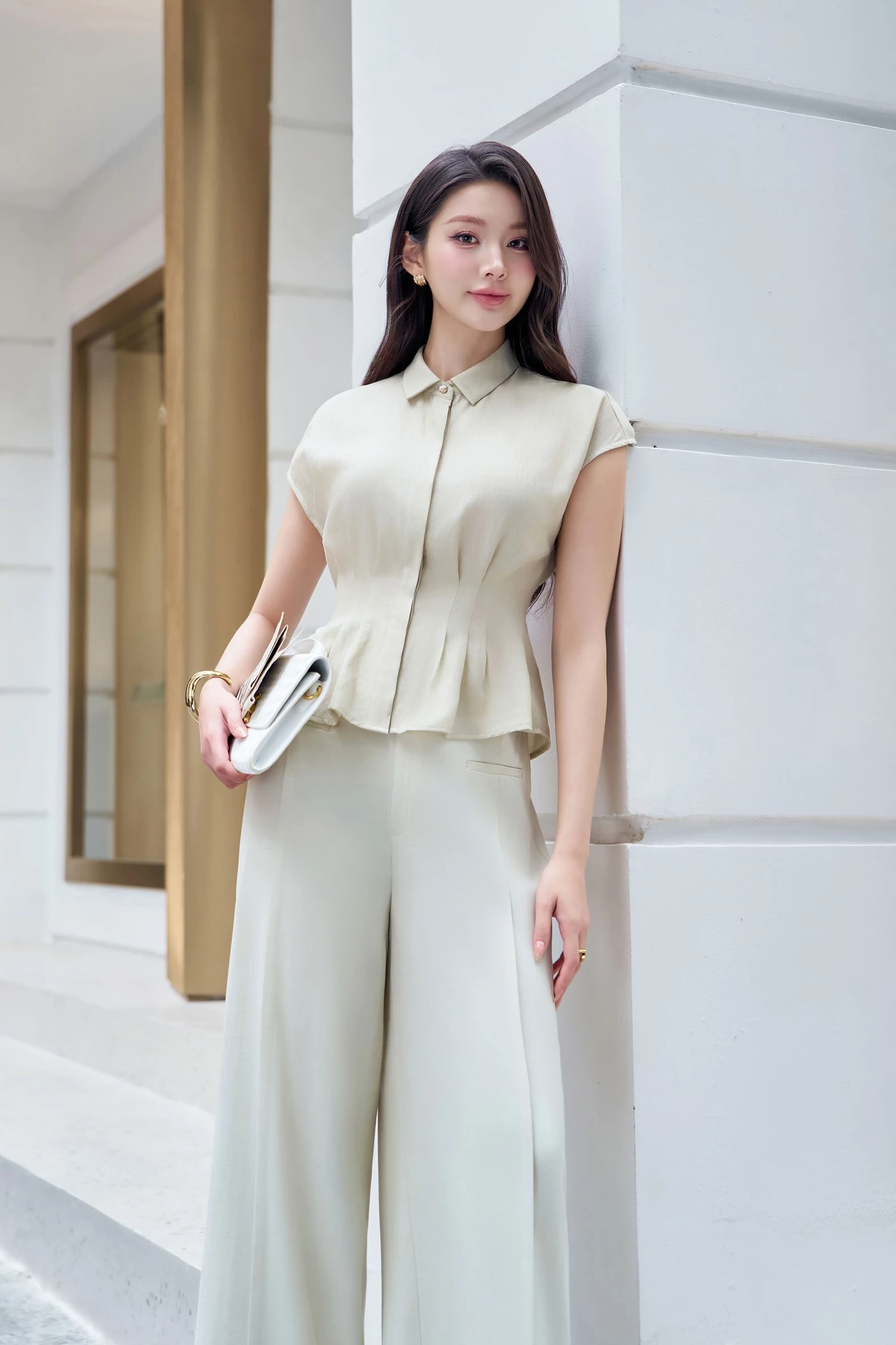 Áo sơ mi xếp ly Tencel Matcha