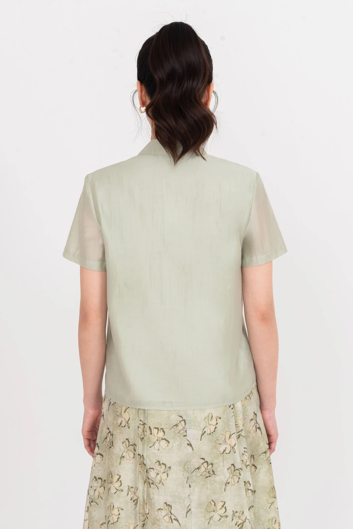 Áo sơ mi cổ nơ xanh Sage