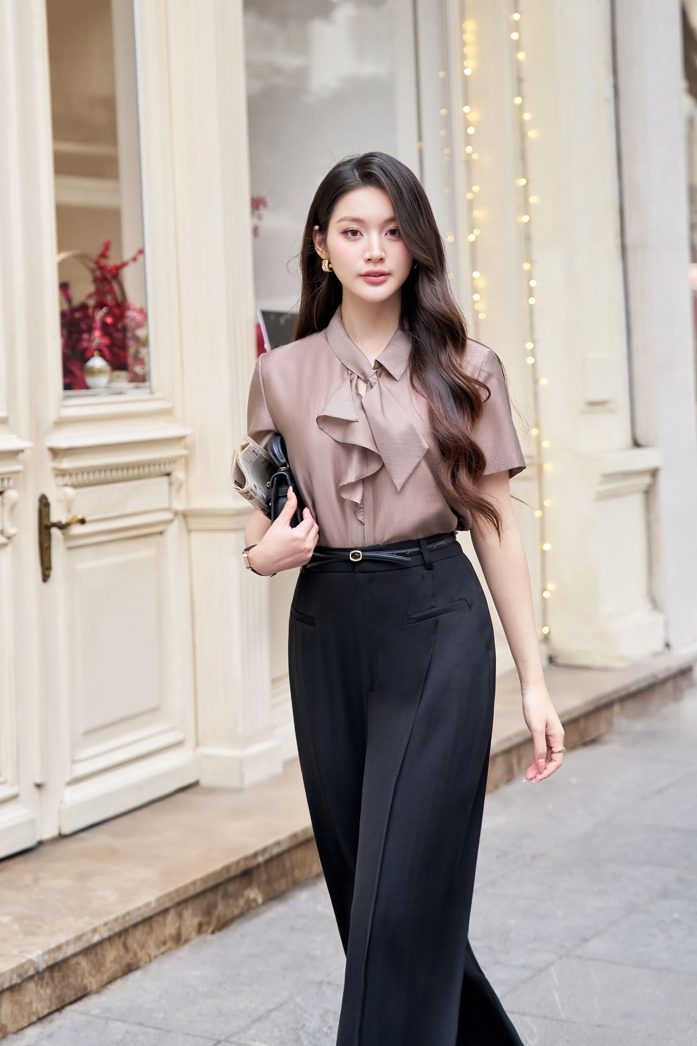 Áo sơ mi cổ nơ Nâu Tây