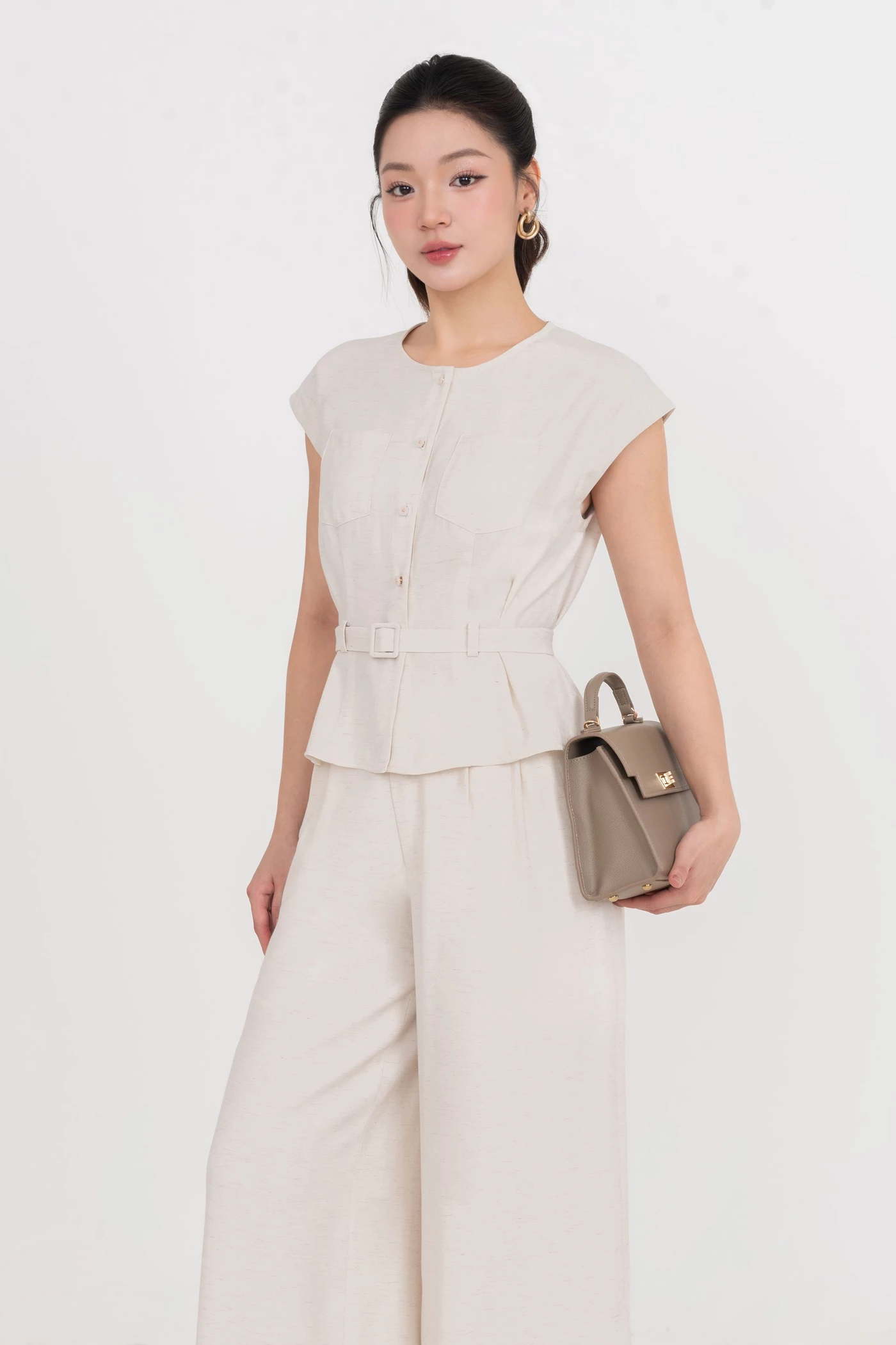 Áo sơ mi phối túi Beige