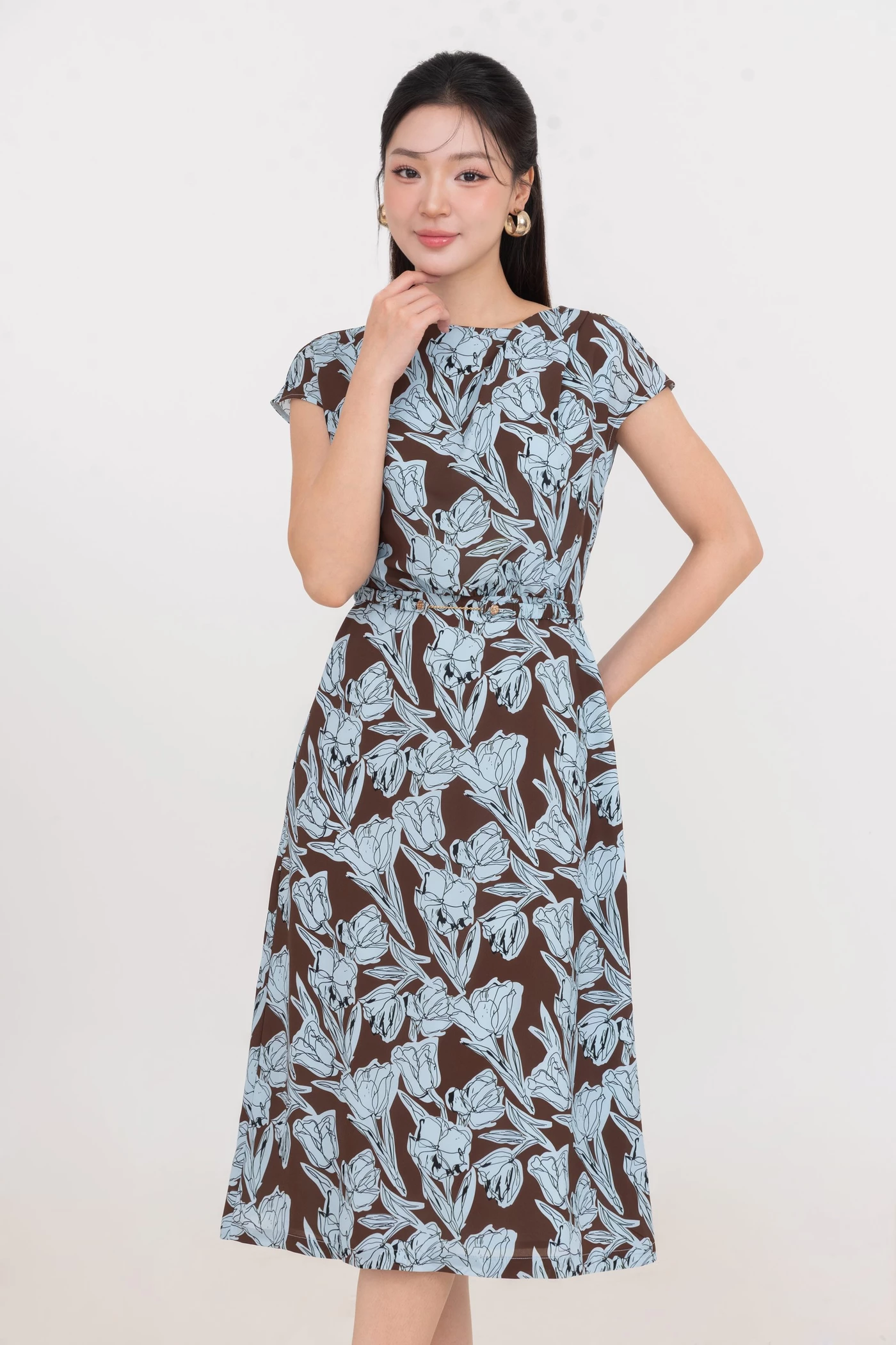 Đầm lụa tay hến Deep Blue