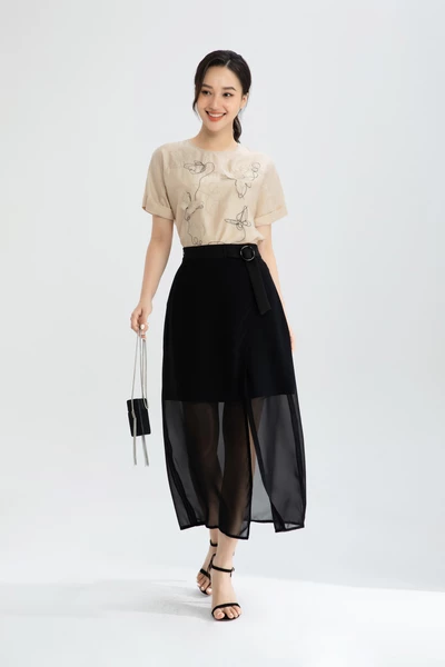 Chân váy midi chiffon đai liền