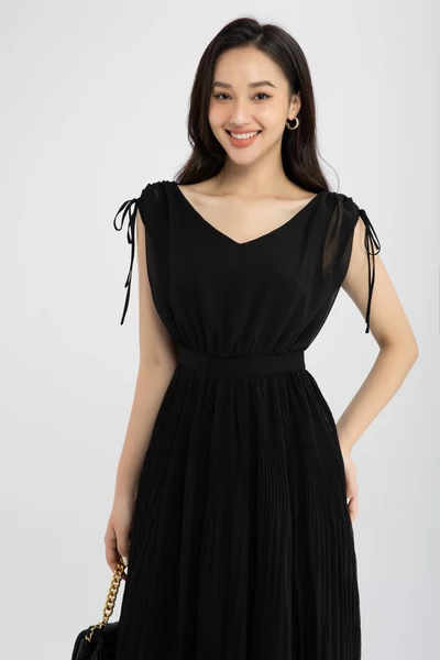 Đầm lụa xòe vai dây kéo rút