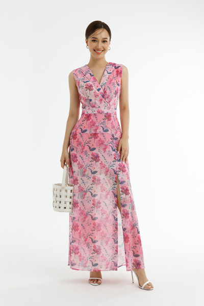 Đầm maxi cổ 2 ve xẻ tà trước