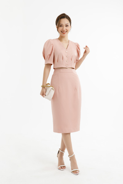 Set áo croptop tay bồng và zuýp bút chì