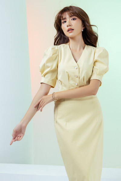 Set áo croptop tay bồng và zuýp bút chì