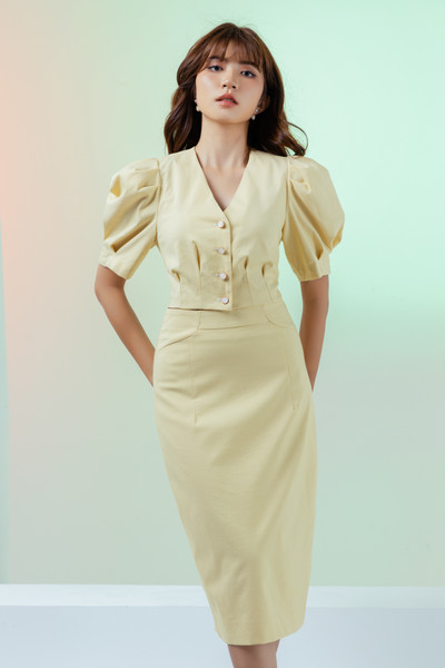 Set áo croptop tay bồng và zuýp bút chì
