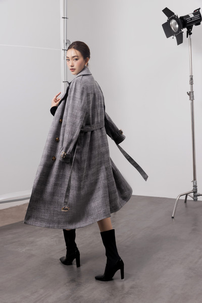 Long check trench coat