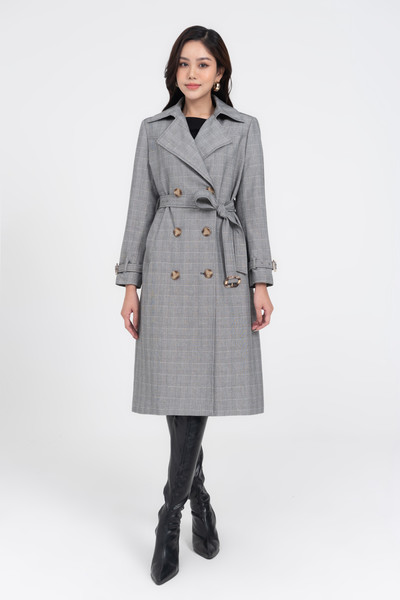 Long check trench coat