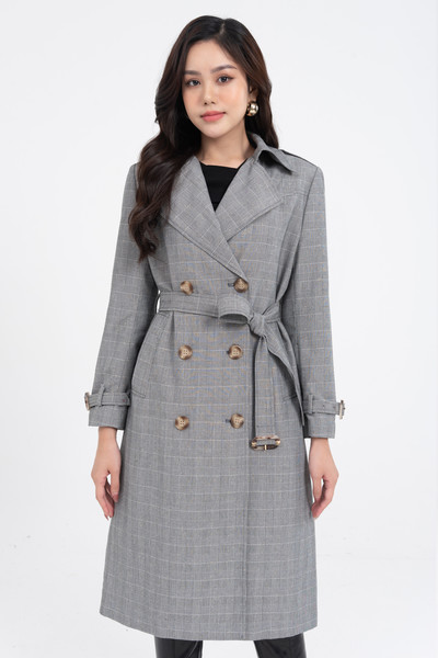 Long check trench coat