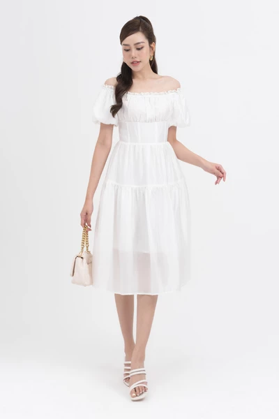 Đầm tencel trễ vai dáng xòe
