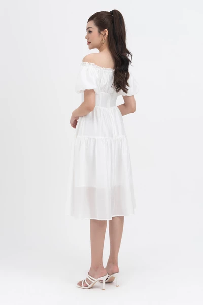 Đầm tencel trễ vai dáng xòe