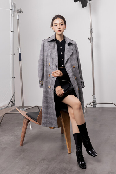 Long check trench coat