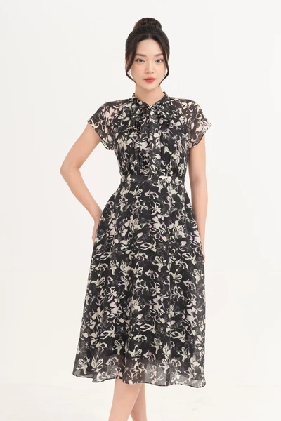 Flower summer - Đầm họa tiết cổ nơ