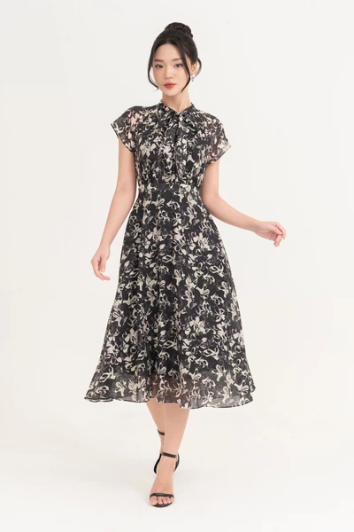 Flower summer - Đầm họa tiết cổ nơ