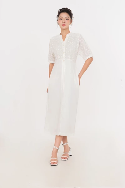 Ivory Bloom Dress – Đầm midi cổ chữ V phối ren