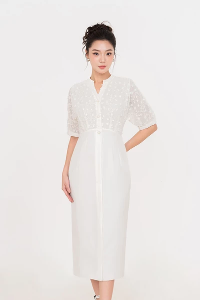 Ivory Bloom Dress – Đầm midi cổ chữ V phối ren