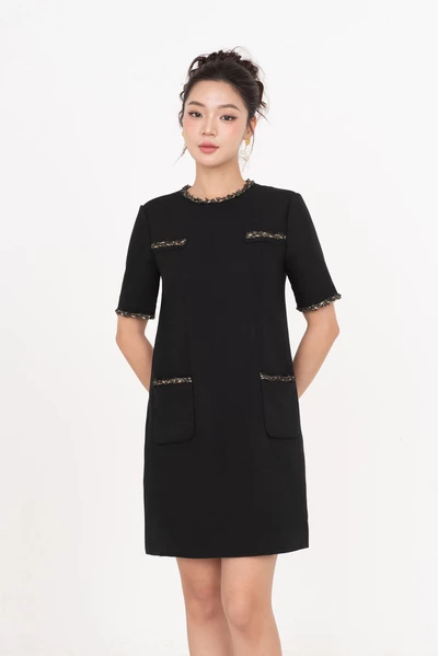 Đầm Tweed suông phối viền