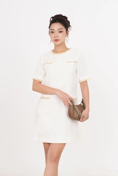 Đầm Tweed suông phối viền