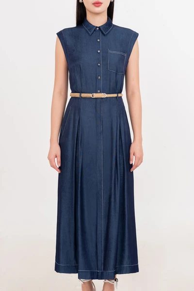 Pleated Denim Dress - Đầm cổ đức