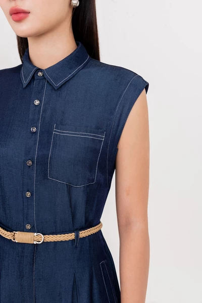 Pleated Denim Dress - Đầm cổ đức