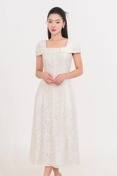 Whisper White Lace – Đầm ren midi tay bồng