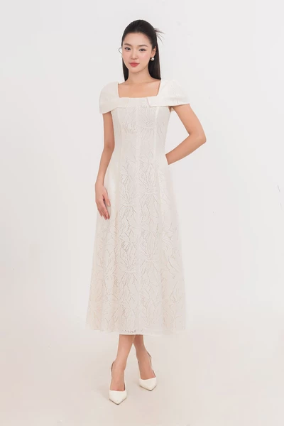 Whisper White Lace – Đầm ren midi tay bồng