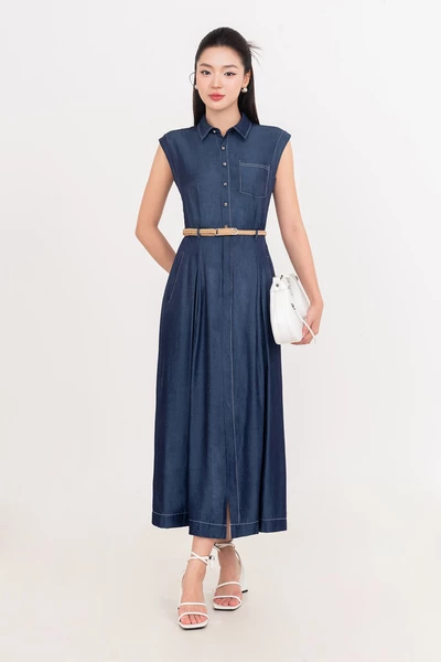 Pleated Denim Dress - Đầm cổ đức