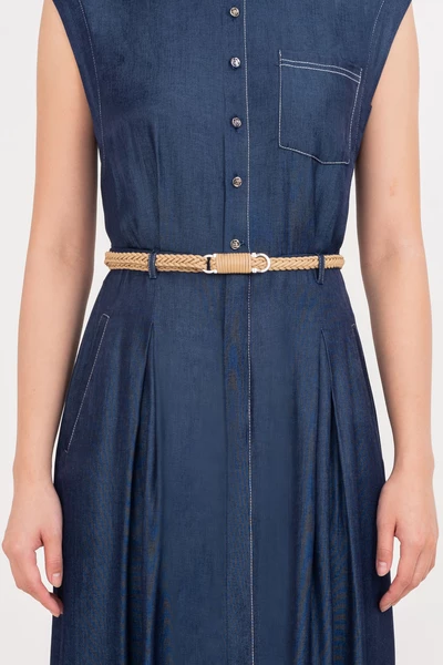 Pleated Denim Dress - Đầm cổ đức