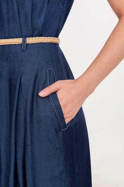 Pleated Denim Dress - Đầm cổ đức