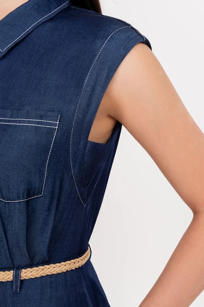 Pleated Denim Dress - Đầm cổ đức