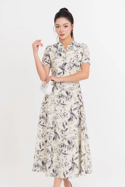 Đầm xòe họa tiết tay ngắn