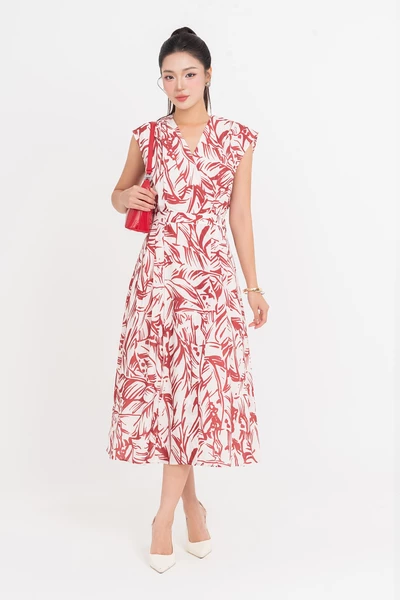 Leaf Print Dress - Đầm xòe tay hến
