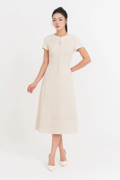 Luna IVY Dress – Đầm kem cổ mix khóa