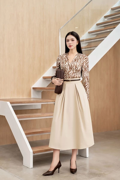 Chân váy xòe Khaki High-Waisted