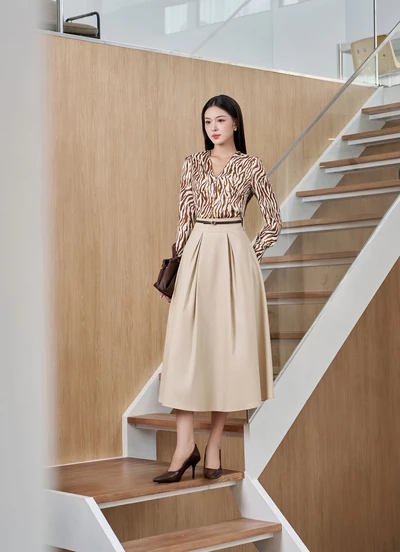 Chân váy xòe Khaki High-Waisted