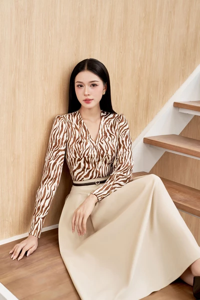 Chân váy xòe Khaki High-Waisted