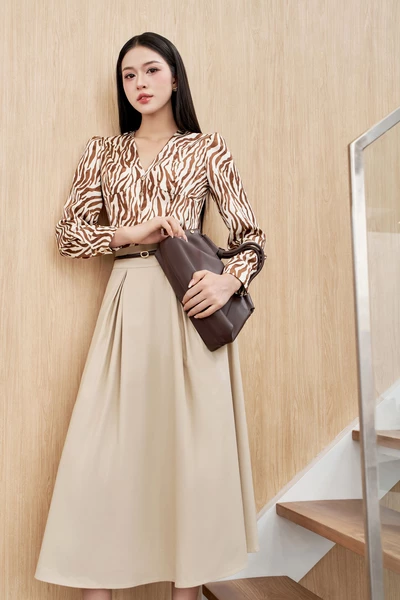 Chân váy xòe Khaki High-Waisted