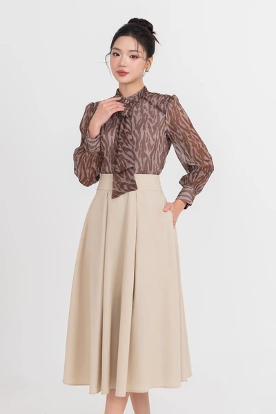 Chân váy xòe Khaki High-Waisted