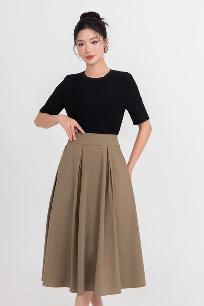 Chân váy xòe Khaki High-Waisted